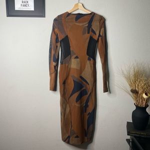 House of CB Cassidy Dress Brown Black Mesh Bodycon Long Sleeve Size S